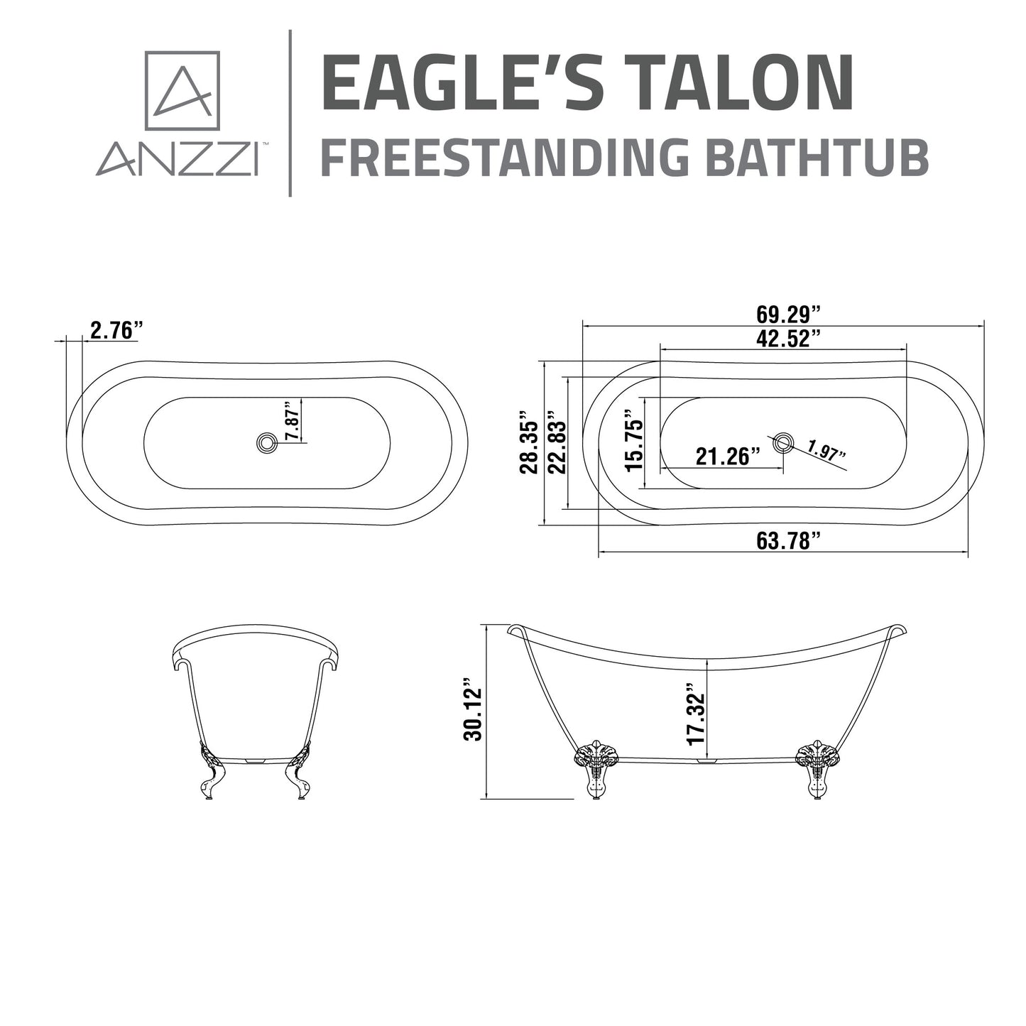 Clawfoot Series 69 in. x 28 in. Soaking Freestanding Bathtub with Center Drain in White with Polished Chrome Feet