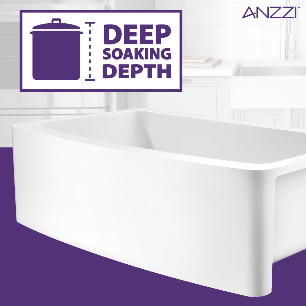 Mesa Series Farmhouse Solid Surface 33 in. 0-Hole Single Bowl Kitchen Sink with 1 Strainer in Matte White