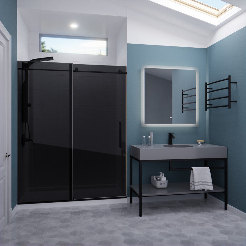 SD-AZ8077-02MBT - Leon Series 60 in. x 76 in. H Sliding Frameless Shower Door in Matte Black  with Tsunami Guard Tempered Tinted Glass