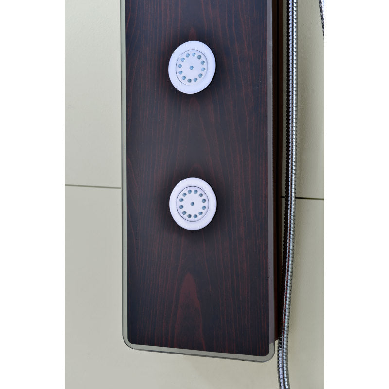 Pure 59 in. 3-Jetted Shower Panel with Heavy Rain Shower and Spray Wand in Mahogany Deco-Glass