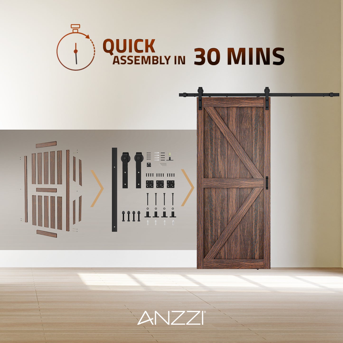 Skocjan Series 36 in. x 84 in. Rustic Wood Finish MDF Interior Sliding Barn Door with Hardware Kit in Matte Black