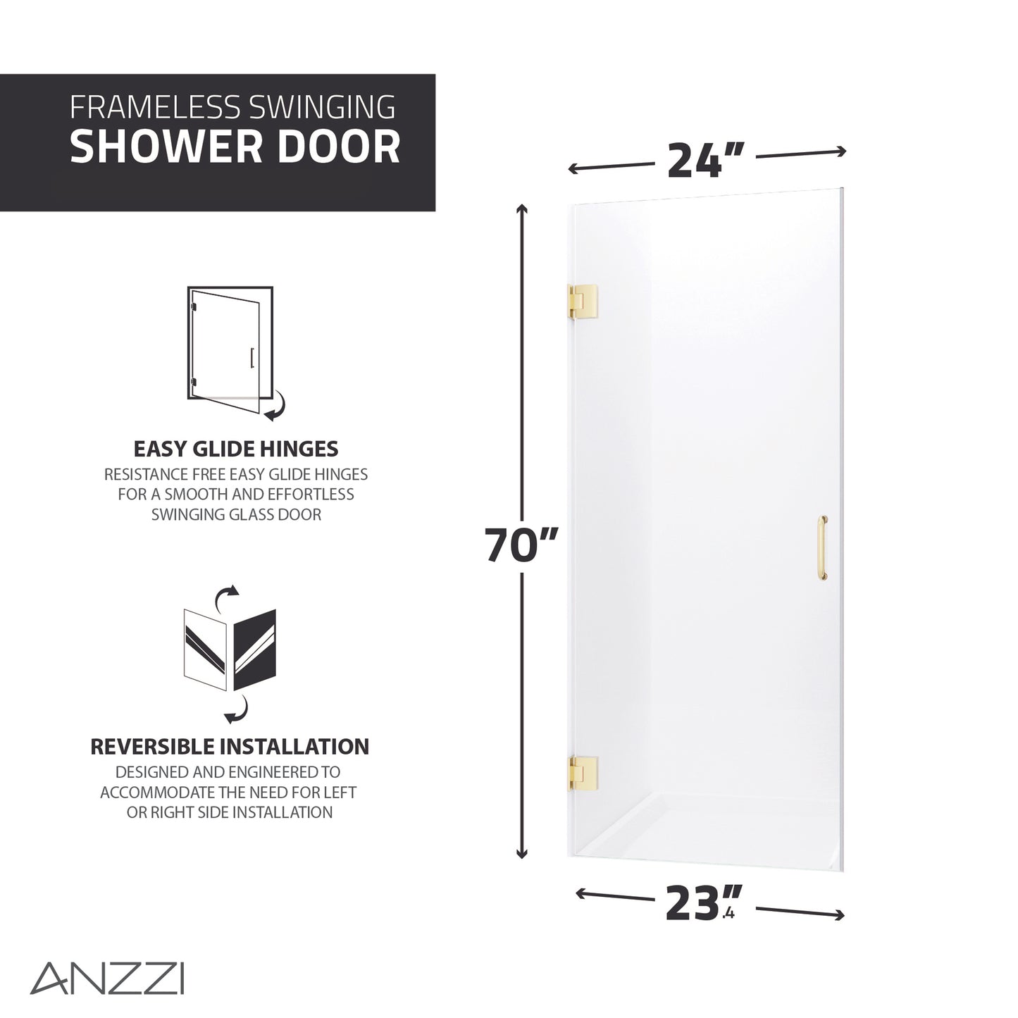 Passion Series 24 in. by 72 in. Frameless Hinged shower door with Handle