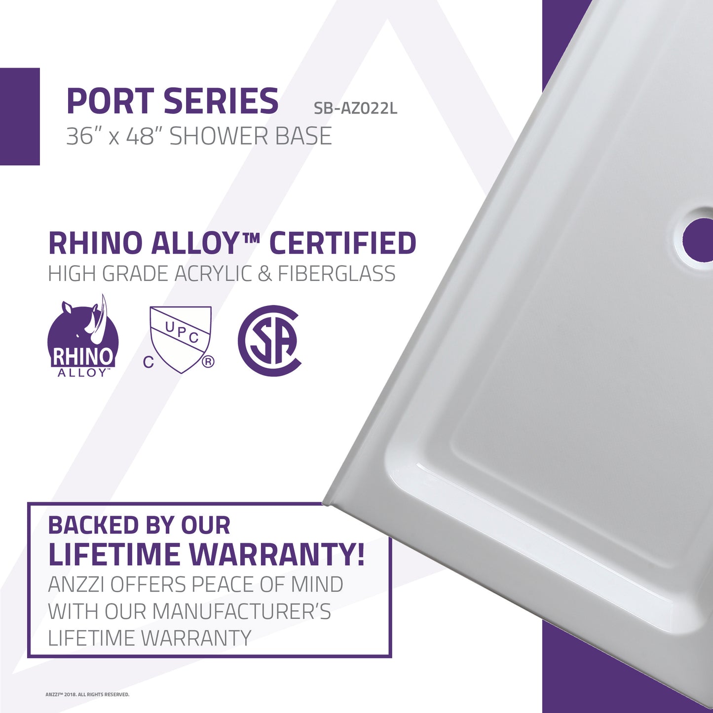 Port Base Series 36 in. L x 48 in. W Corner Shower Shower Pan Base with Center Drain in Glossy White Marine Acrylic