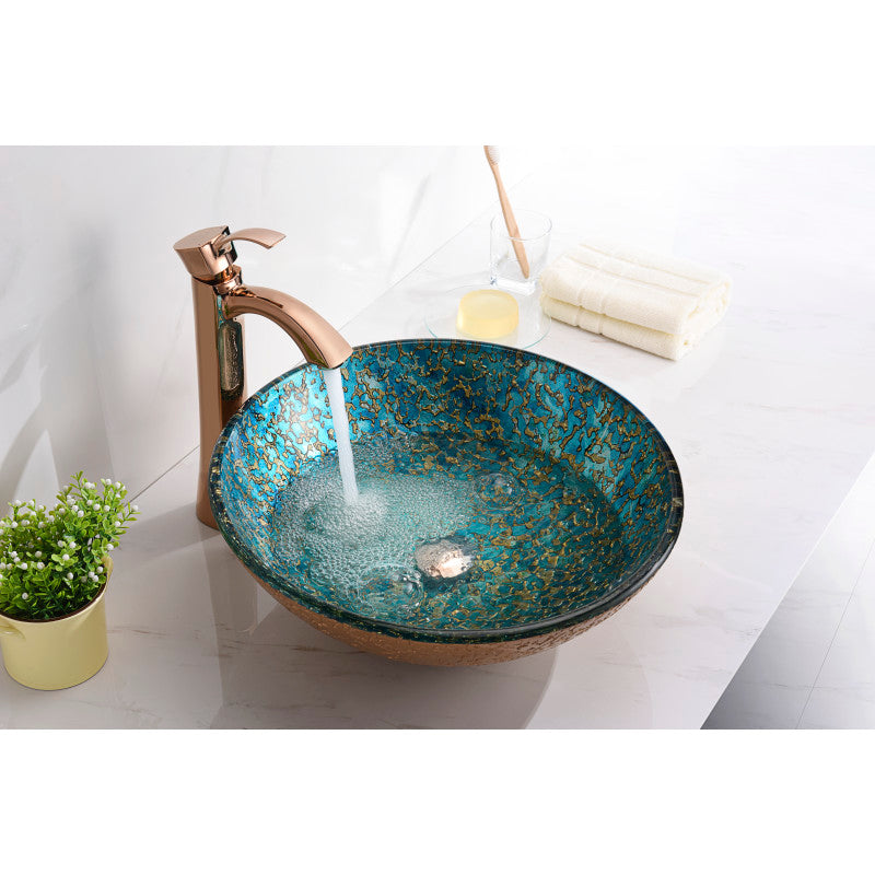LS-AZ209 - Chrona Series 17 in. Round Bathroom Vessel Sink with Stain-Resistant Non-Porous Surface in Gold/Cyan Mix Finish Glass