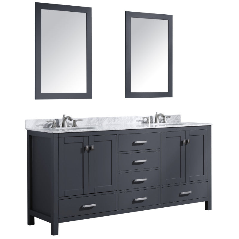 VT-MRCT0072-GY - Chateau 72 in. W x 22 in. D x 36 in. H 2-Sinks Bath Vanity Set in Gray with Carrara Marble Top and 2-Matching Mirrors