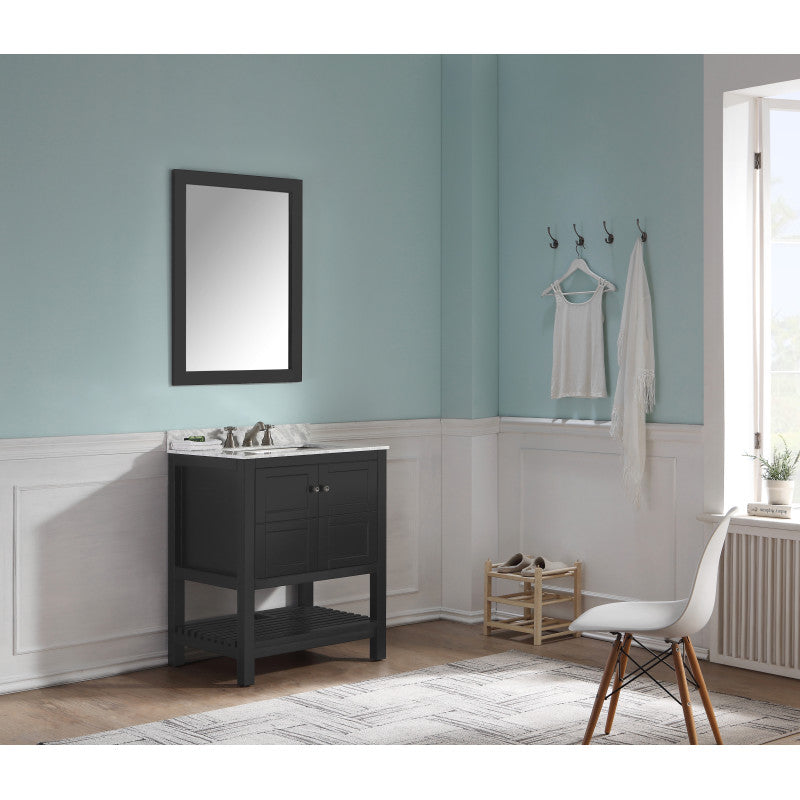 VT-MRCT1030-BK - Montaigne 30 in. W x 22 in. D Bath Vanity in Black with Marble Vanity Top in Carrara White with White Basin and Mirror