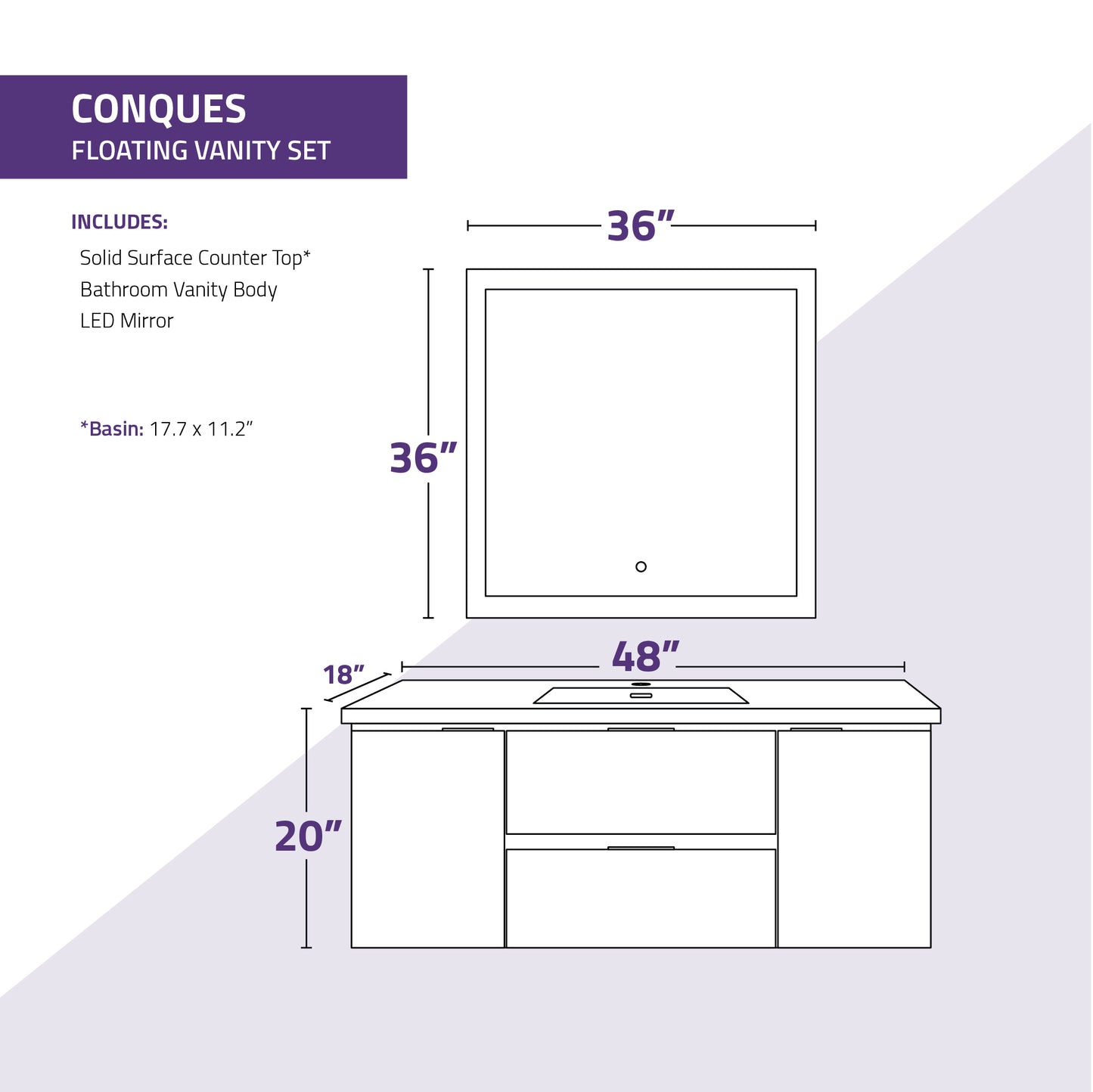 48 in W x 20 in H x 18 in D Bath Vanity with Cultured Marble Vanity Top in White with White Basin & Mirror