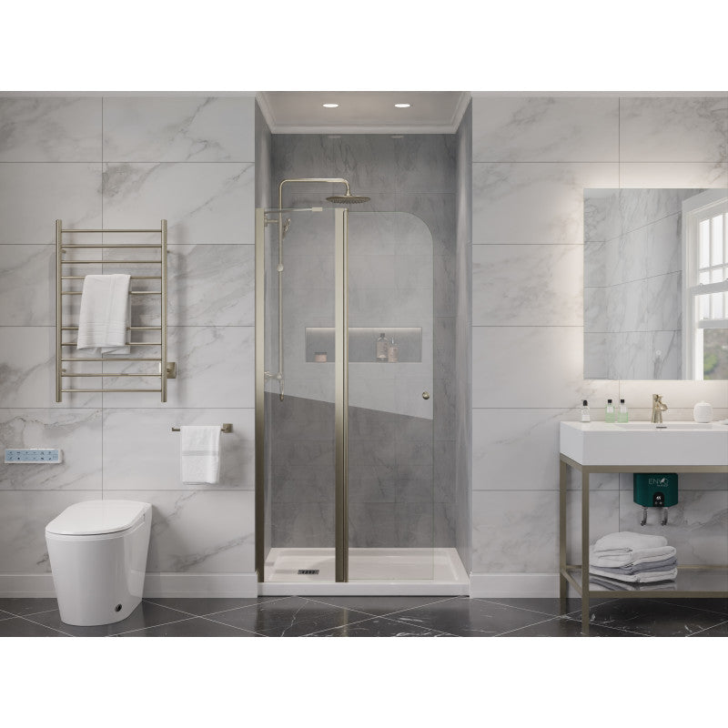 SD-AZ14-01BN - Romance Series 33.3 in. x 72 in. H Hinged Frameless Shower Door in Brushed Nickel with Tsunami Guard Tempered Glass