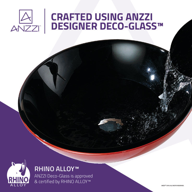 Chord Series Deco-Glass Vessel Sink in Lustrous Black and Red with Matching Chrome Waterfall Faucet