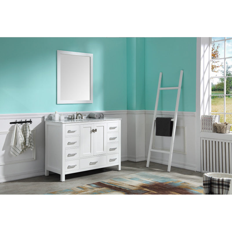 VT-MRCT0048-WH - Chateau 48 in. W x 22 in. D Bath Vanity Set in White with Vanity Top in Carrara Marble with White Sink and Mirror