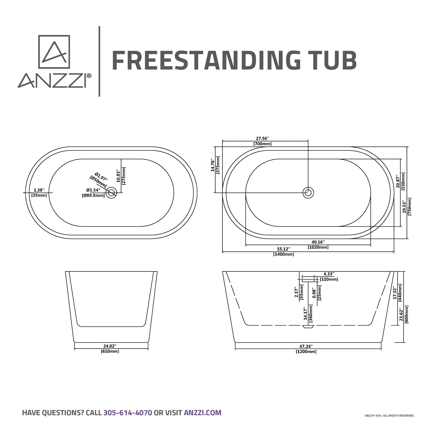 Chand Series 55 in. x 30 in. Flat Bottom Acrylic Freestanding Soaking Bathtub with Center Drain in Glossy White