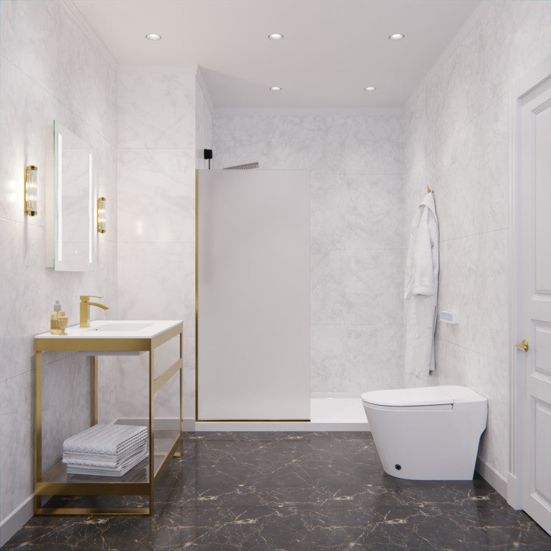 Veil Series 74 in. by 34 in. Framed Frosted Glass Shower Screen in Brushed Gold