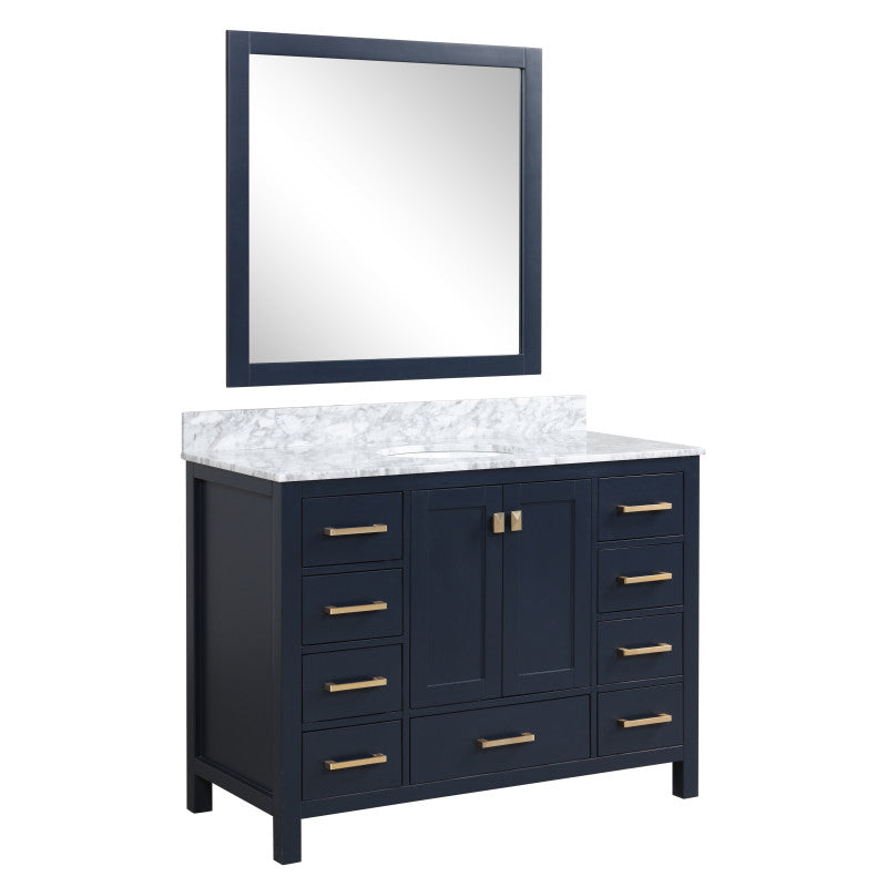 VT-MRCT0048-NB - Chateau 48 in. W x 22 in. D Bath Vanity Set in Navy Blue with Vanity Top in Carrara Marble Top and White Sink and Mirror