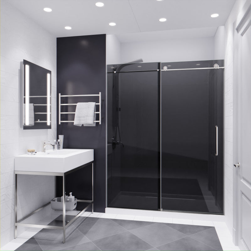 SD-AZ8077-02BNT - Leon Series 60 in. x 76 in. H Sliding Frameless Shower Door in Brushed Nickel with Tsunami Guard Tempered Glass