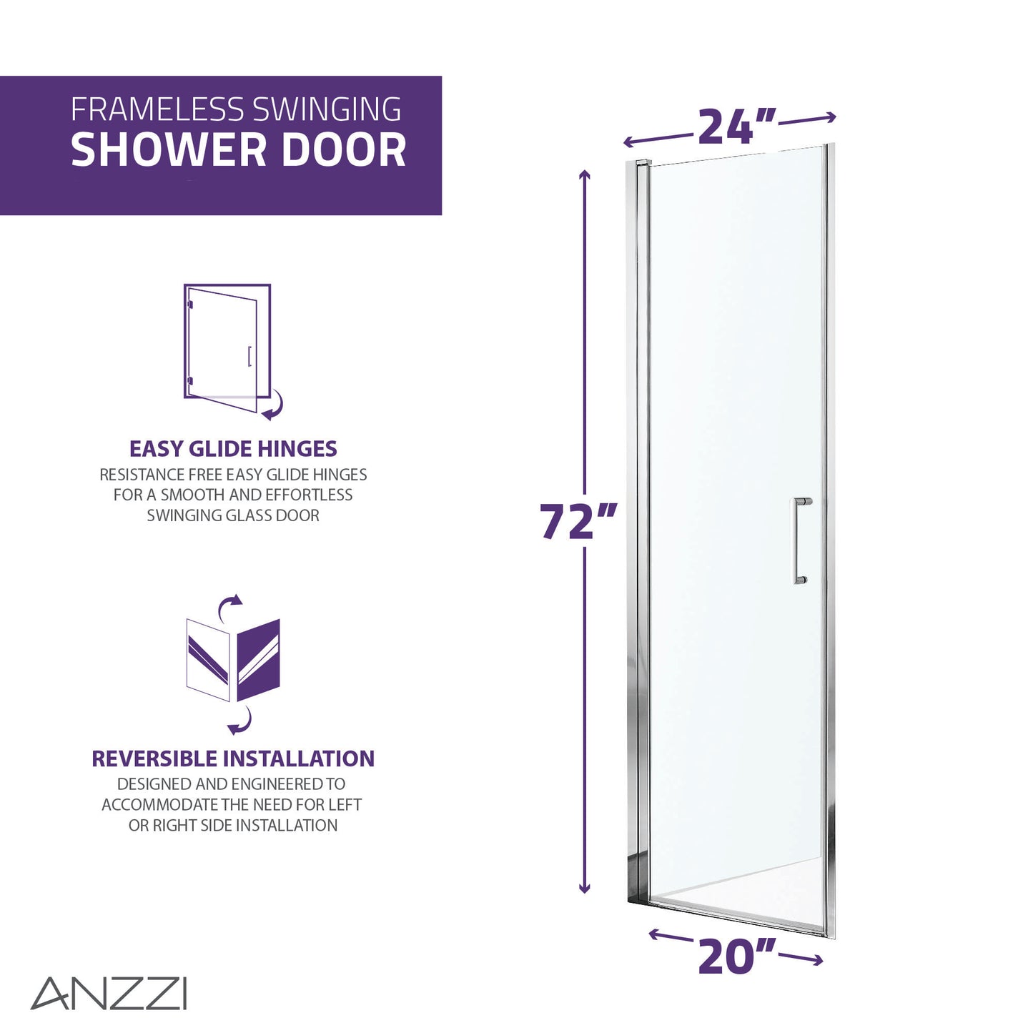 Lancer 23 in. x 72 in. Semi-Frameless Shower Door with TSUNAMI GUARD