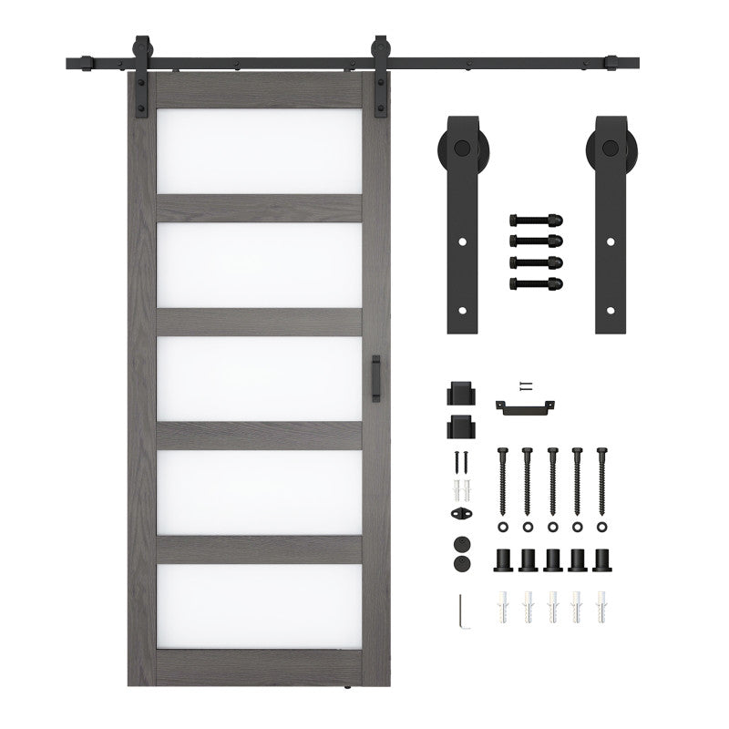 Frasassi Series 36 in. x 84 in. Light Wood MDF Interior Sliding Barn Door with Frosted Glass and Hardware Kit in Matte Black