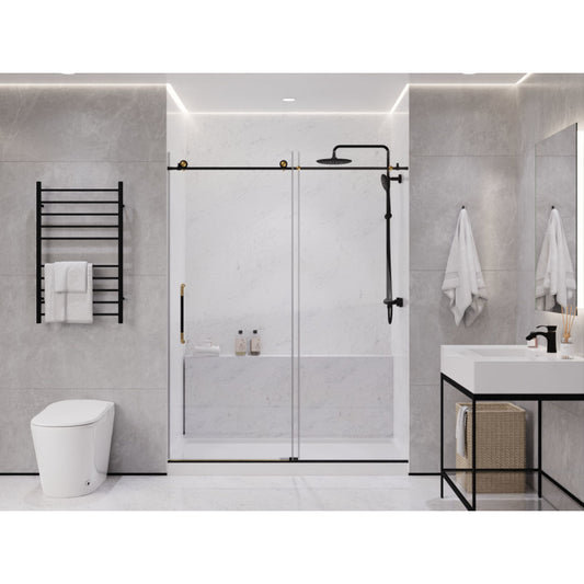 Madam Series 76-in. x 60-in. Frameless Sliding Shower Door in Matte Black and Brushed Gold