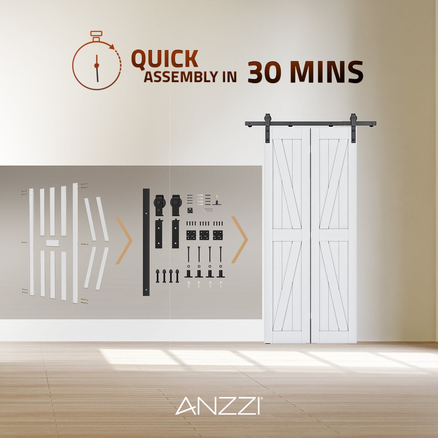 Waitomo Series 18 in. x 84 in. Pure White Finish MDF Interior Folding Barn Door with Hardware Kit in Matte Black