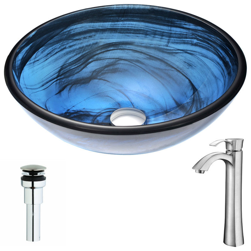 LSAZ048-095B - Soave Series 17 in. Bathroom Vessel Sink in Sapphire Wisp Finish Tempered Glass with Harmony Faucet in Brushed Nickel