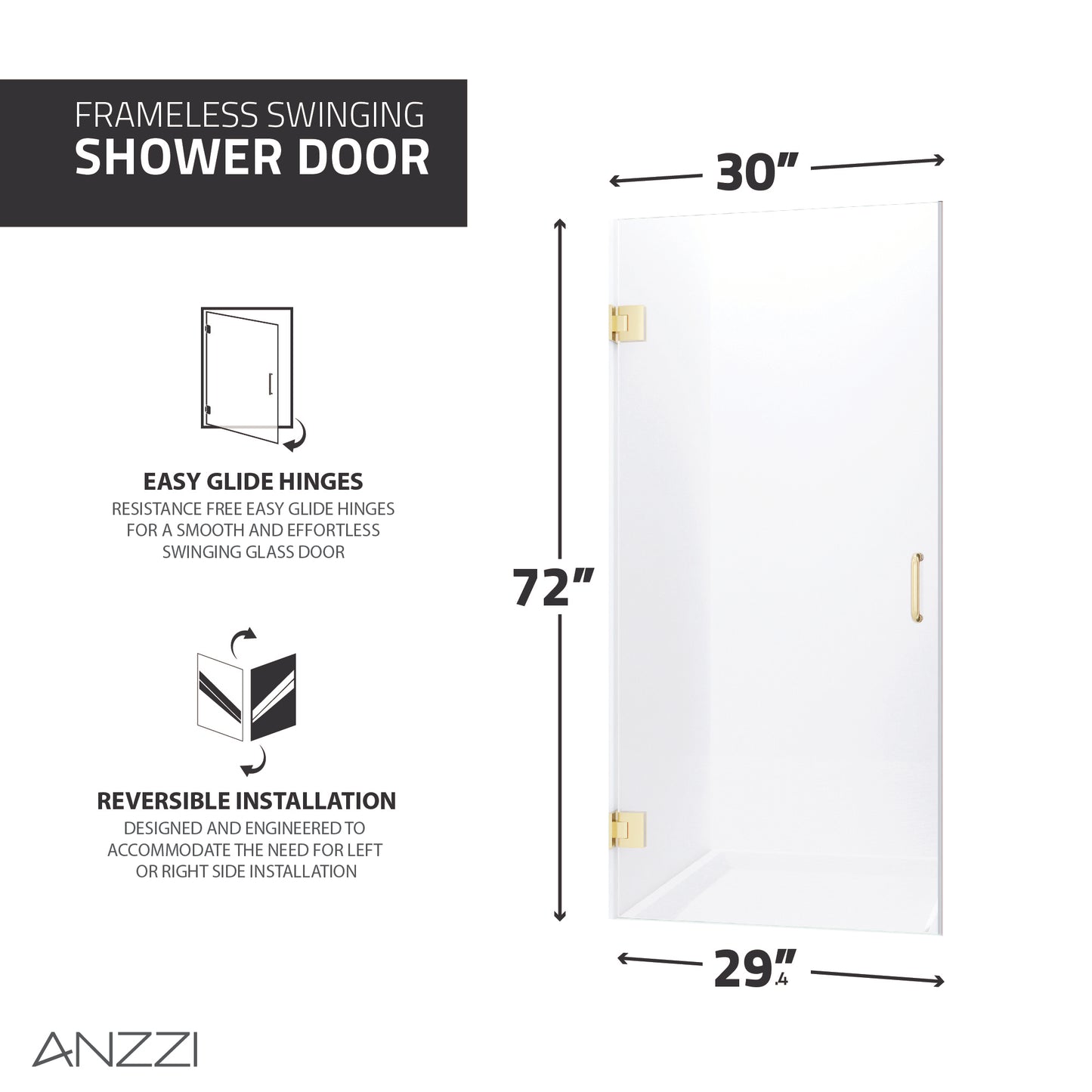 Passion Series 30 in. by 72 in. Frameless Hinged Shower Door with Handle