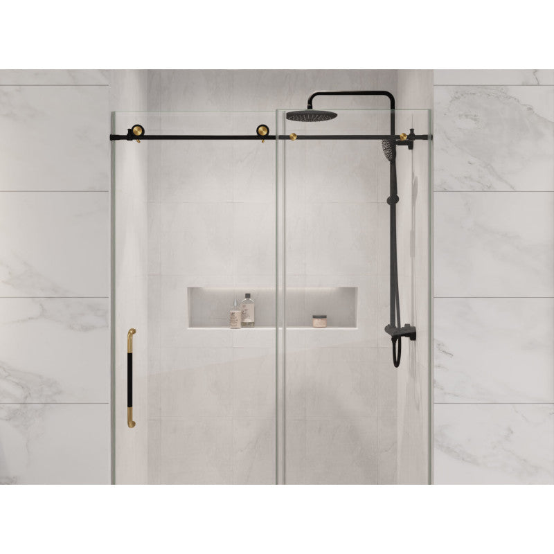 Madam Series 76-in. x 48-in. Frameless Sliding Shower Door in Matte Black and Brushed Gold