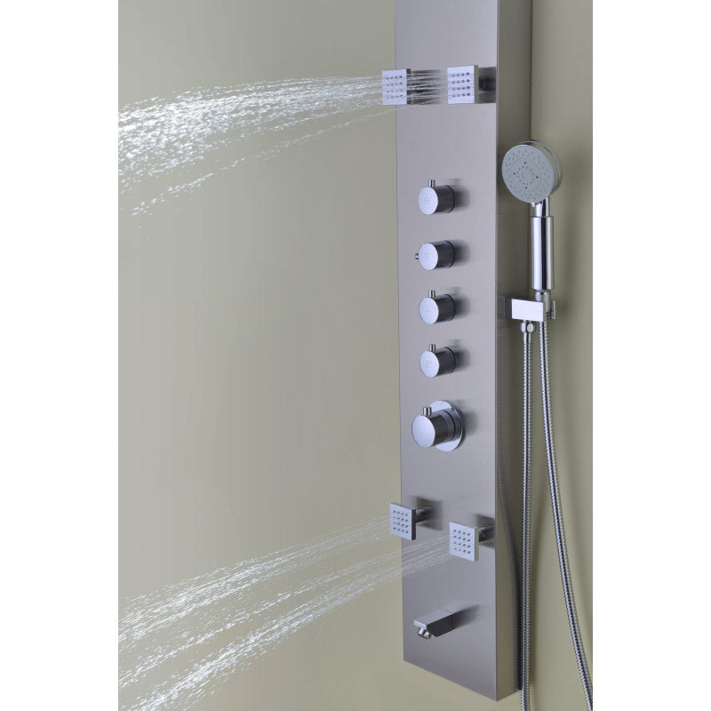 Echo 63.5 in. 4-Jetted Full Body Shower Panel with Heavy Rain Showerhead, Spray Wand and Tub Spout in Brushed Steel