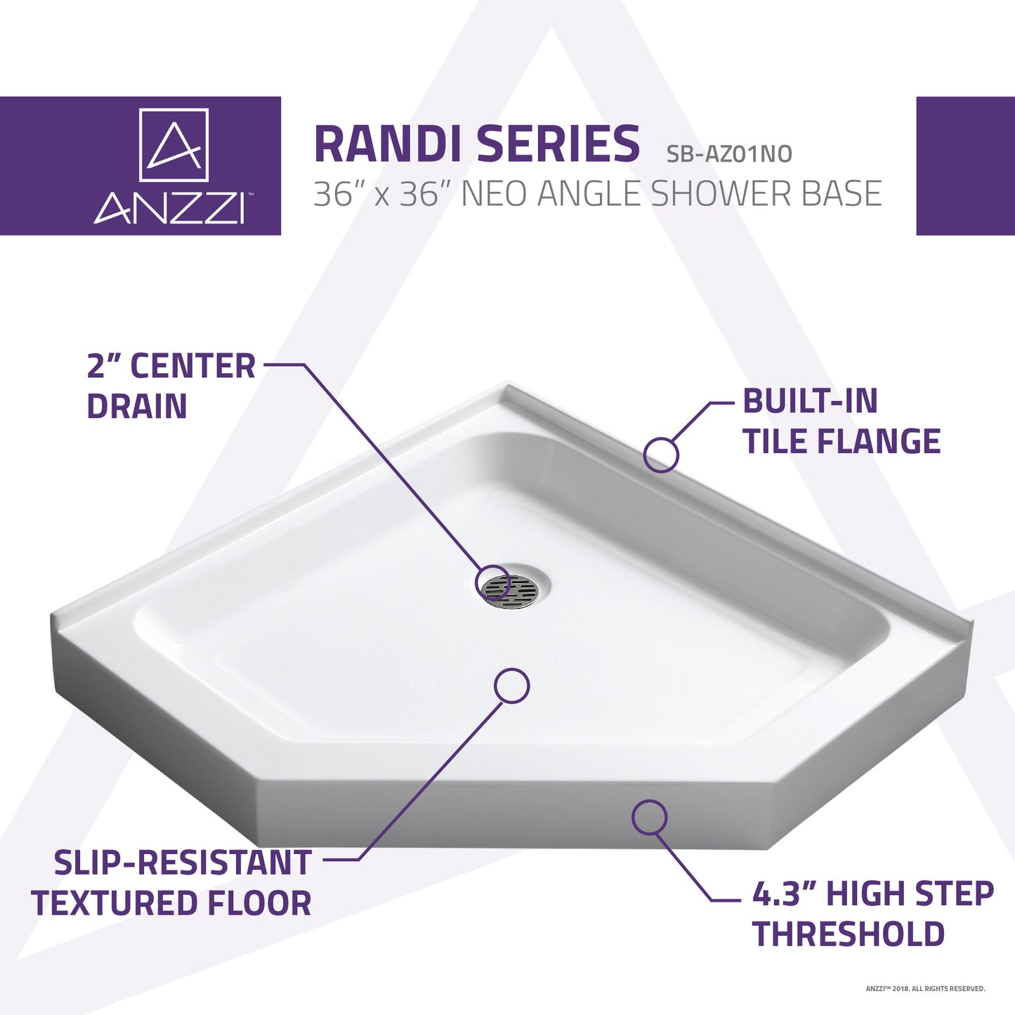 36 in. x 36 in. Neo-Angle Double Threshold Shower Base in White
