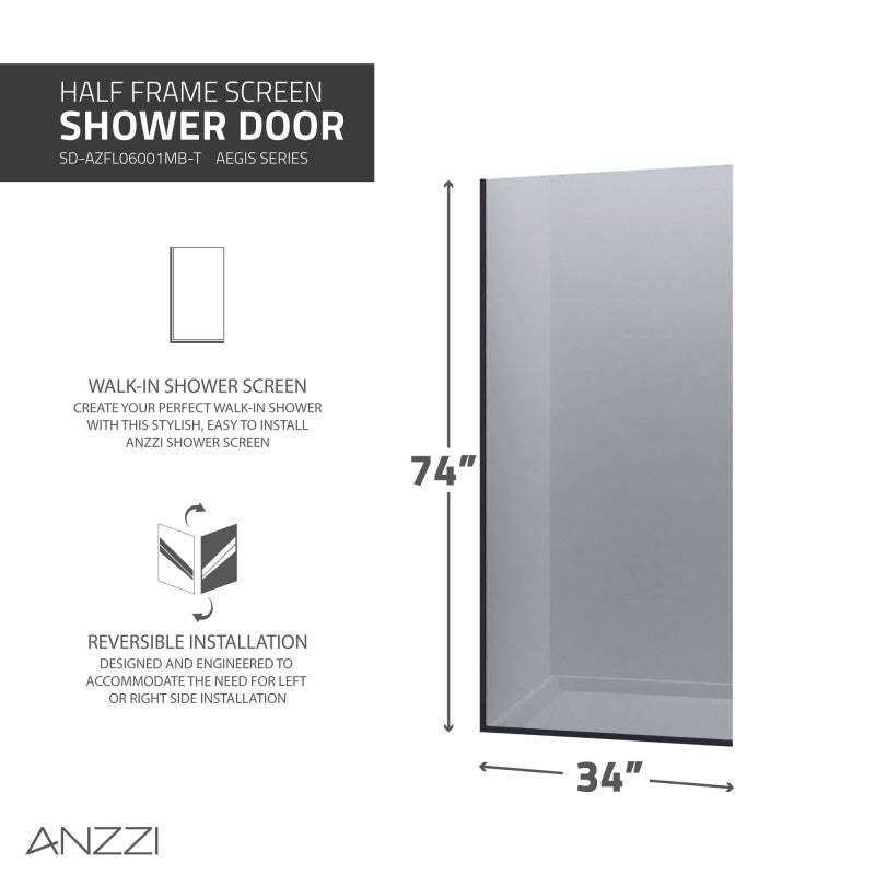 Veil Series 74 in. by 34 in. Framed Tinted Glass Shower Screen in Matte Black