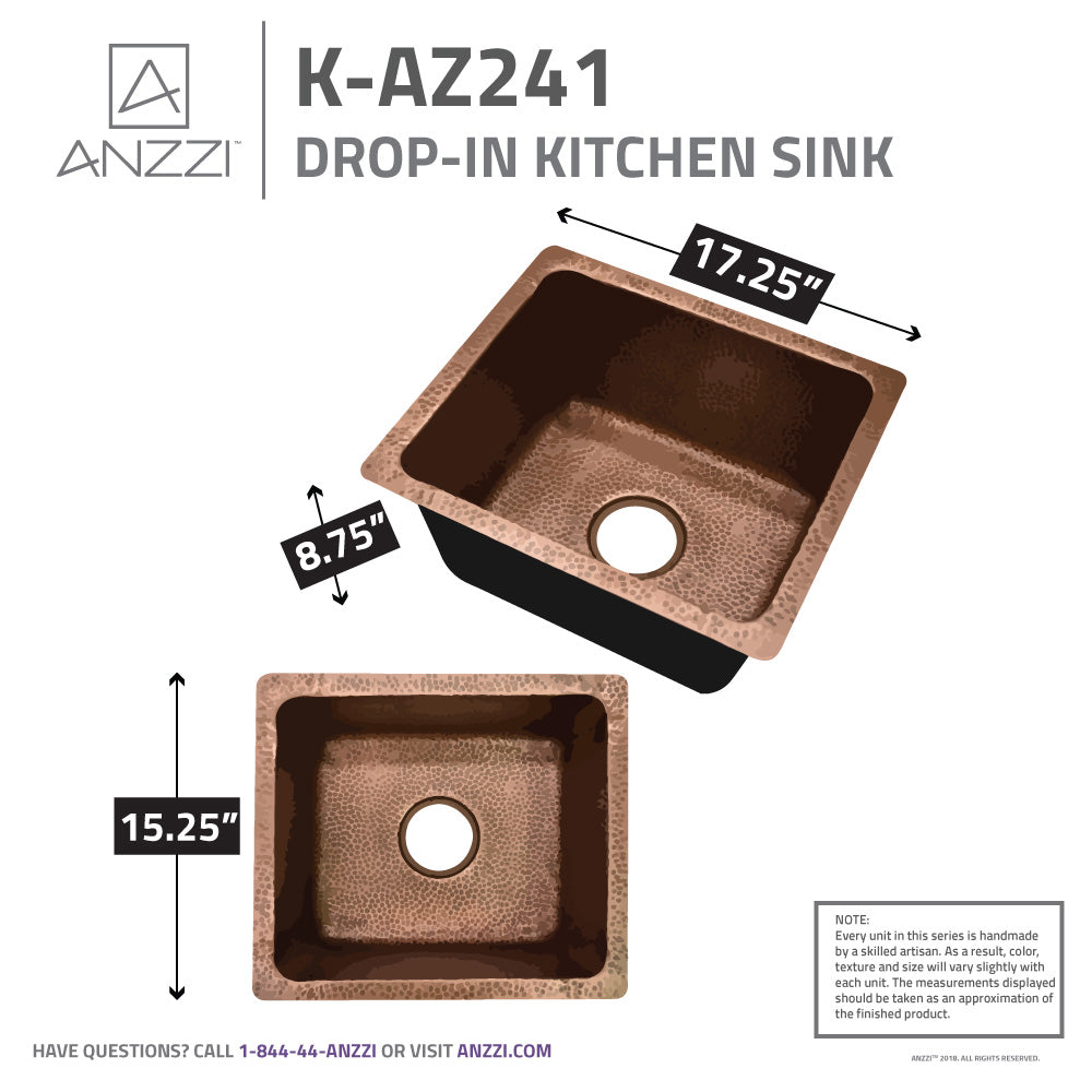 Havel Drop-in Handmade Copper 17 in. 0-Hole Single Bowl Kitchen Sink in Hammered Antique Copper