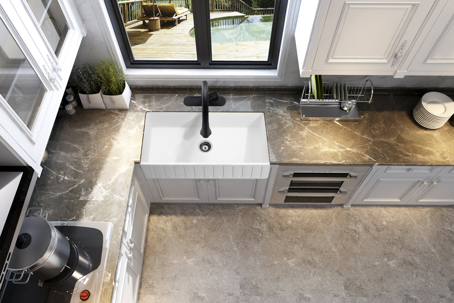 ANZZI Roine Farmhouse Reversible Apron Front Solid Surface Man Made Stone 30 inch Single Basin Kitchen Sink in White -Matte Finish