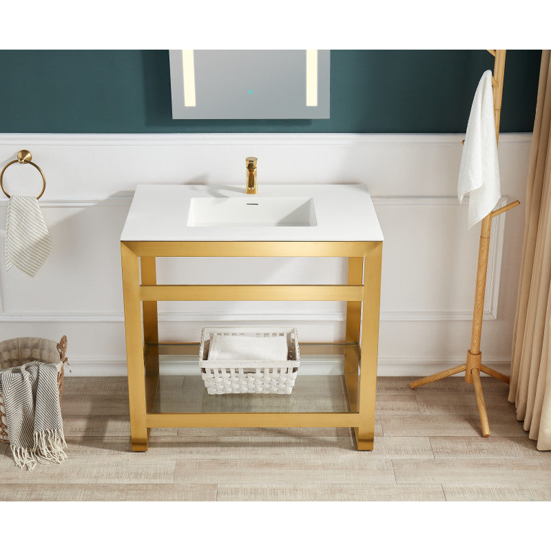 Orchard 36 in. Console Sink in Brushed Gold with Glossy White Counter Top
