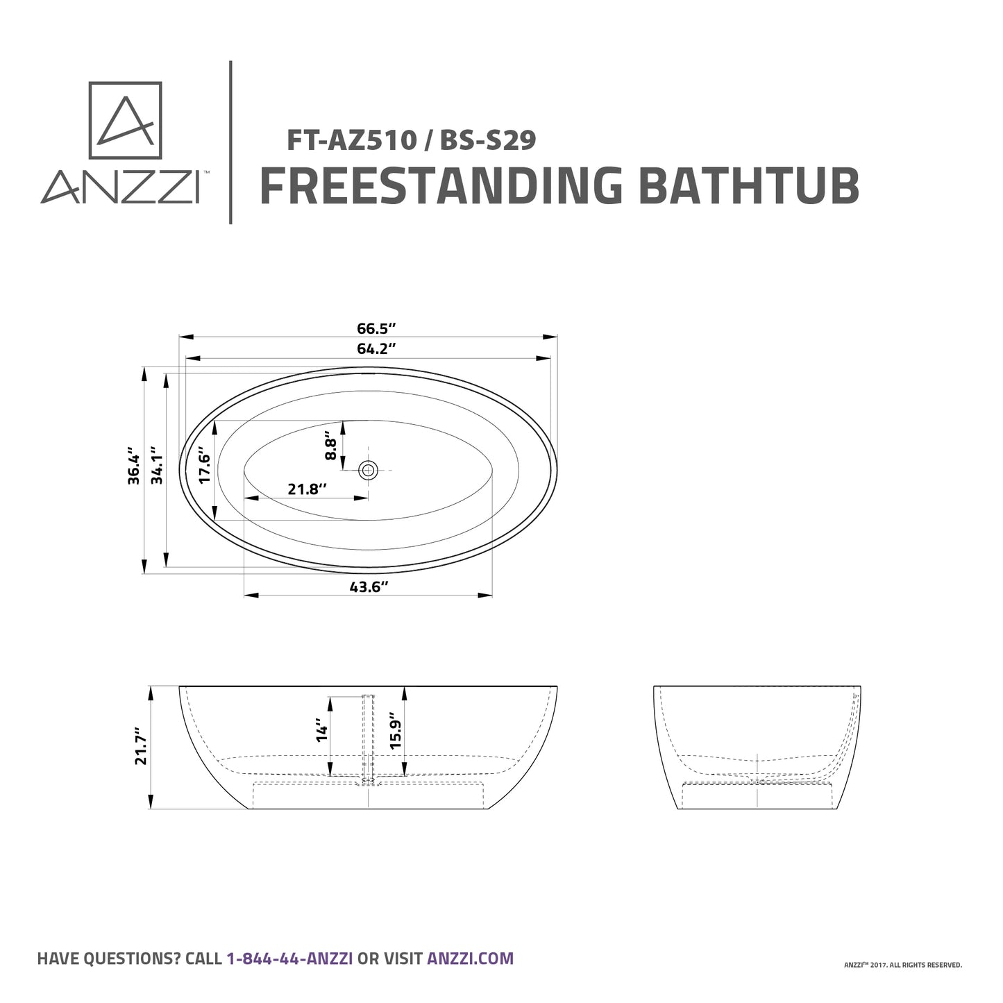 Cestino Series 67 in. x 36 in. Flat Bottom Solid Surface Freestanding Soaking Bathtub with Center Drain in Matte White
