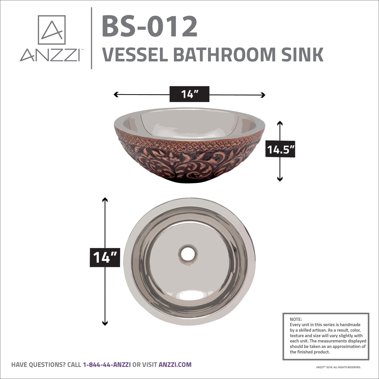 Crete 14 in. Handmade Vessel Sink in Polished Antique Copper with Nickel Interior and Floral Design Exterior
