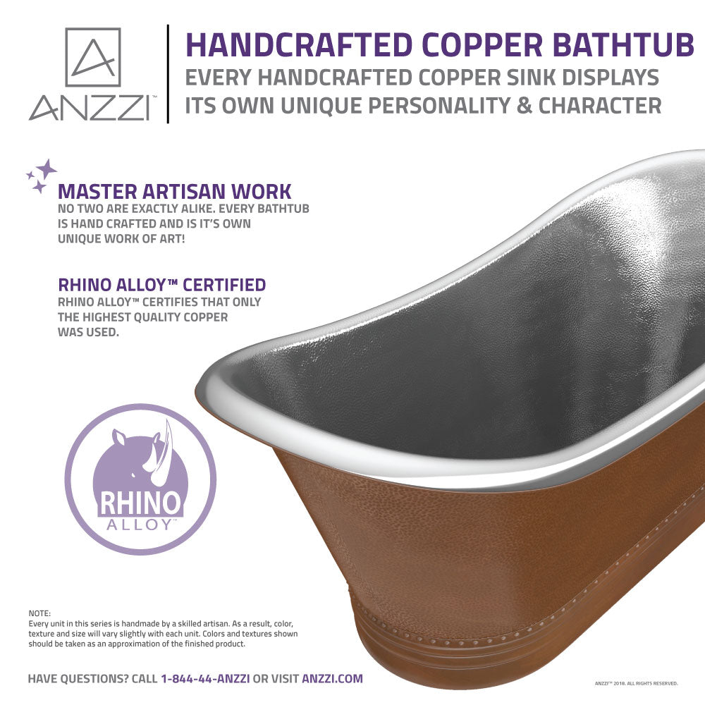 Ionian 67 in. Handmade Copper Double Slipper Flatbottom Non-Whirlpool Bathtub in Hammered Antique Copper