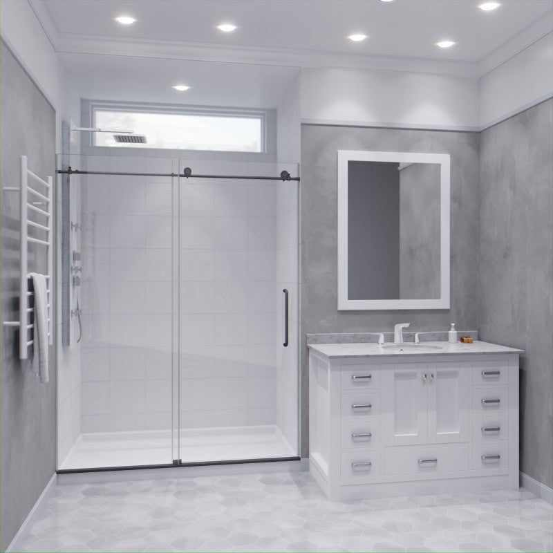 SD-AZ8077-02GB - Leon Series 60 in. x 76 in. H Sliding Frameless Shower Door in Gunmetal with Tsunami Guard Tempered Glass and Handle