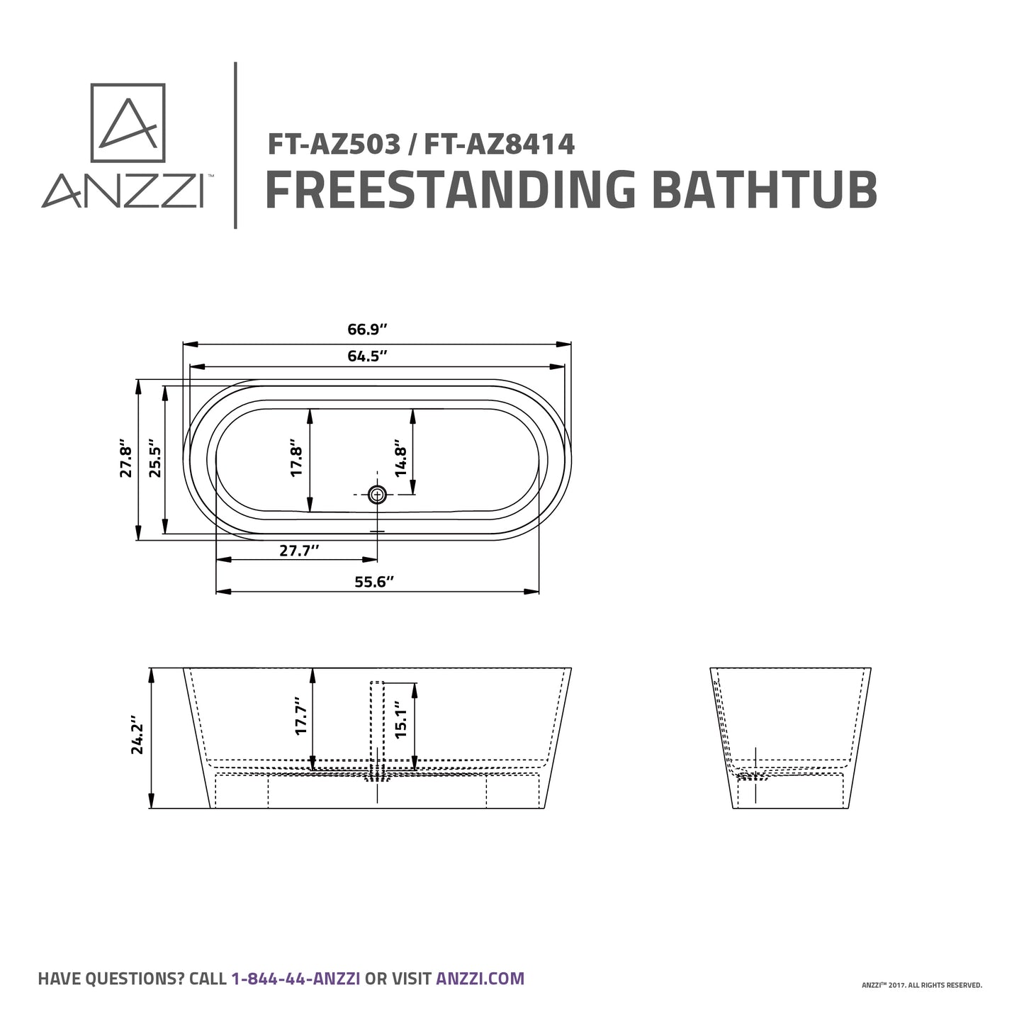 Rossetto Series 67 in. x 28 in. Flat Bottom Solid Surface Freestanding Soaking Bathtub with Center Drain in Matte White