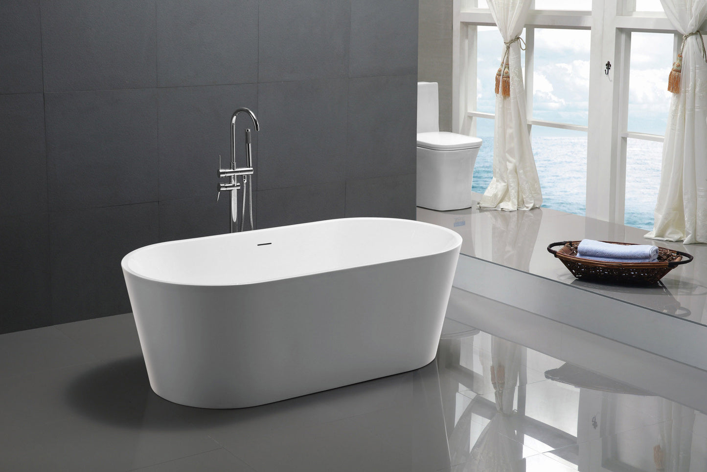 Chand Series 67 in. x 32 in. Flat Bottom Acrylic Freestanding Soaking Bathtub with Center Drain in Glossy White