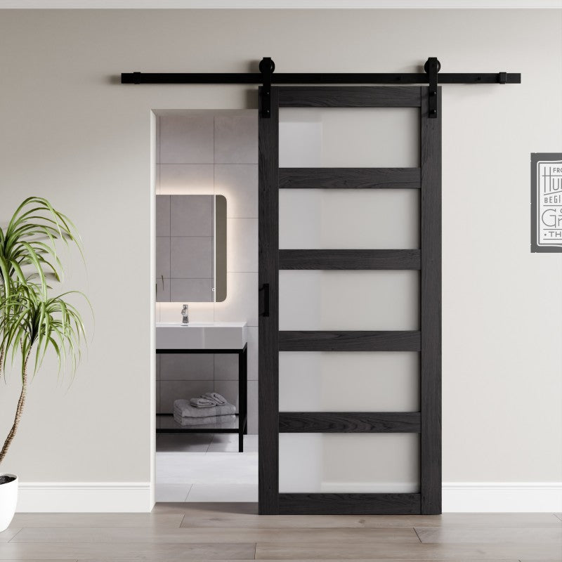 ID-AZBD06 - Frasassi Series 36 in. x 84 in. Light Wood MDF Interior Sliding Barn Door with Frosted Glass and Hardware Kit in Matte Black