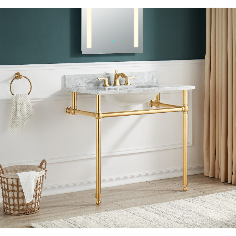 Verona 34.5 in. Console Sink in Brushed Gold with Carrara White Counter Top