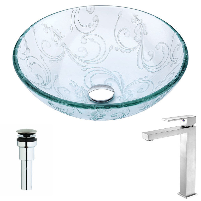 LSAZ065-096B - Vieno Series Deco-Glass Vessel Sink in Crystal Clear Floral with Enti Faucet in Brushed Nickel