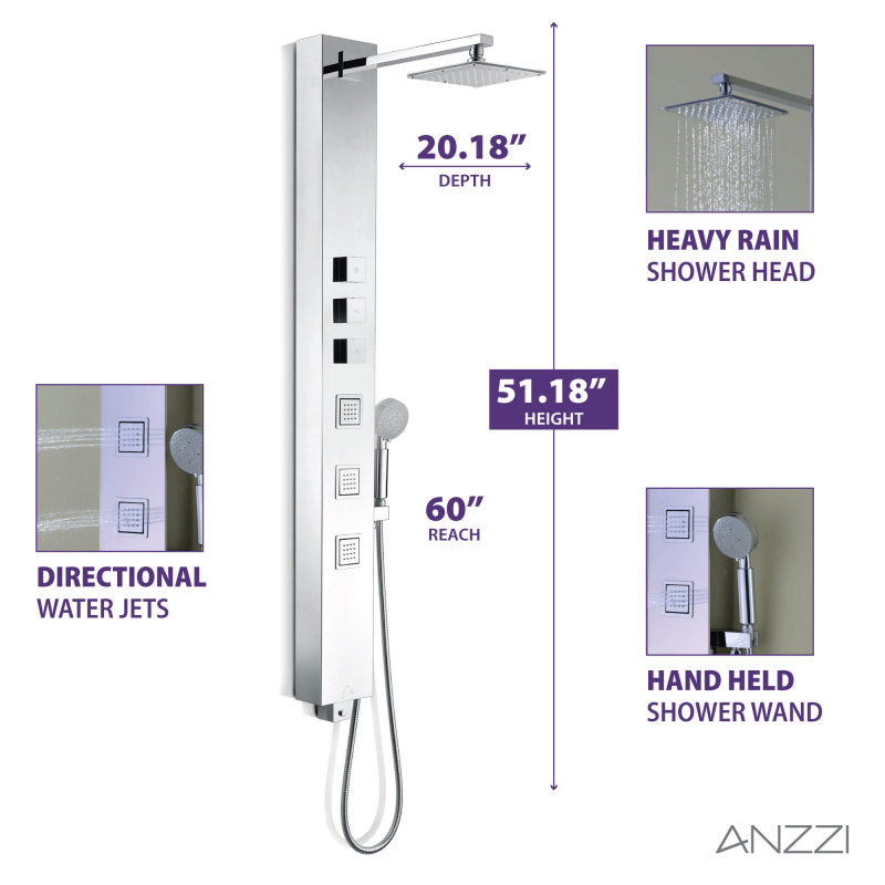 Lann 53 in. 3-Jetted Full Body Shower Panel with Heavy Rain Showerhead and Spray Wand in Chrome