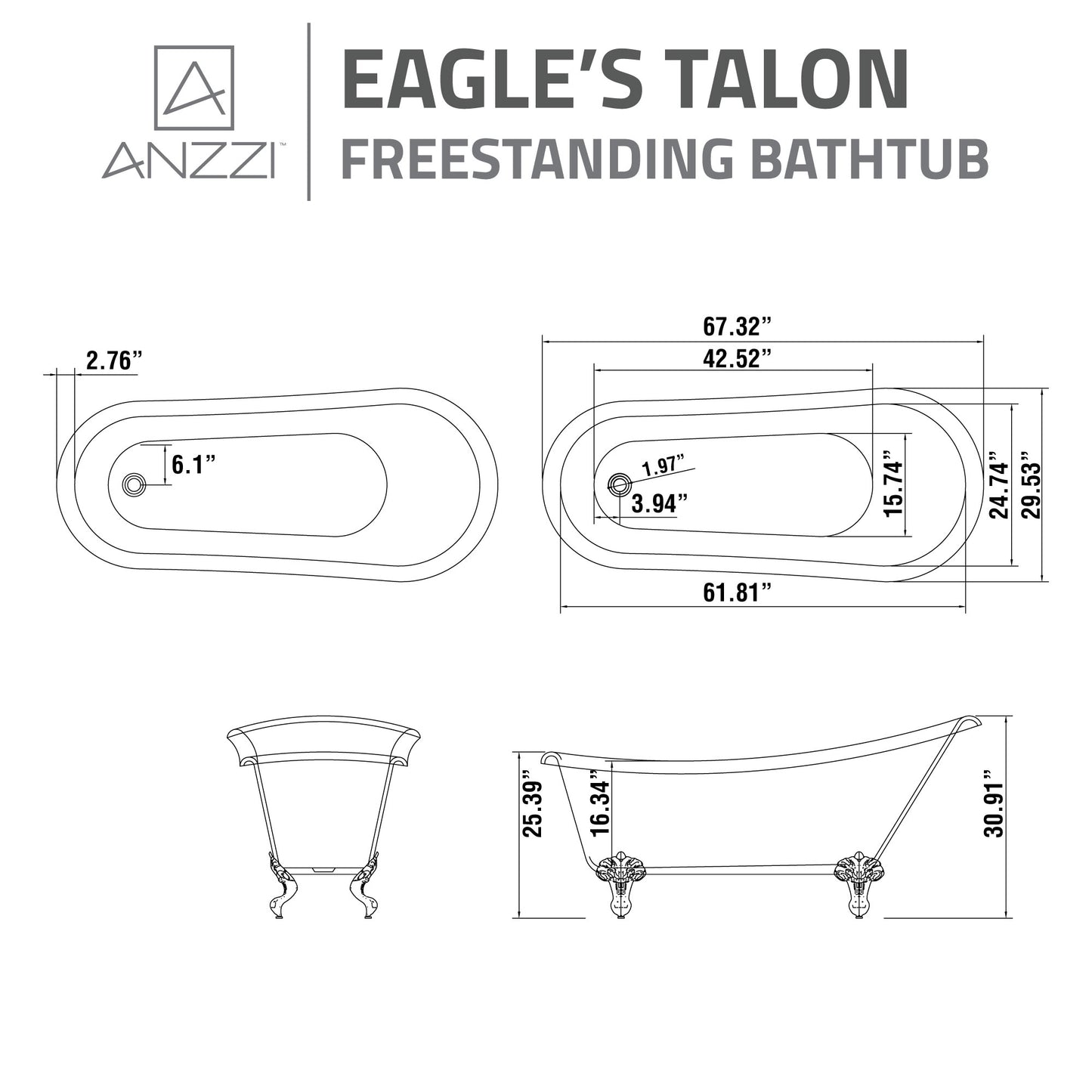Clawfoot Series 67 in. x 30 in. Soaking Freestanding Bathtub with center Drain in White with Polished Chrome Feet