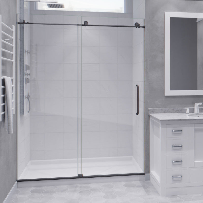 SD-AZ8077-02GB - Leon Series 60 in. x 76 in. H Sliding Frameless Shower Door in Gunmetal with Tsunami Guard Tempered Glass and Handle