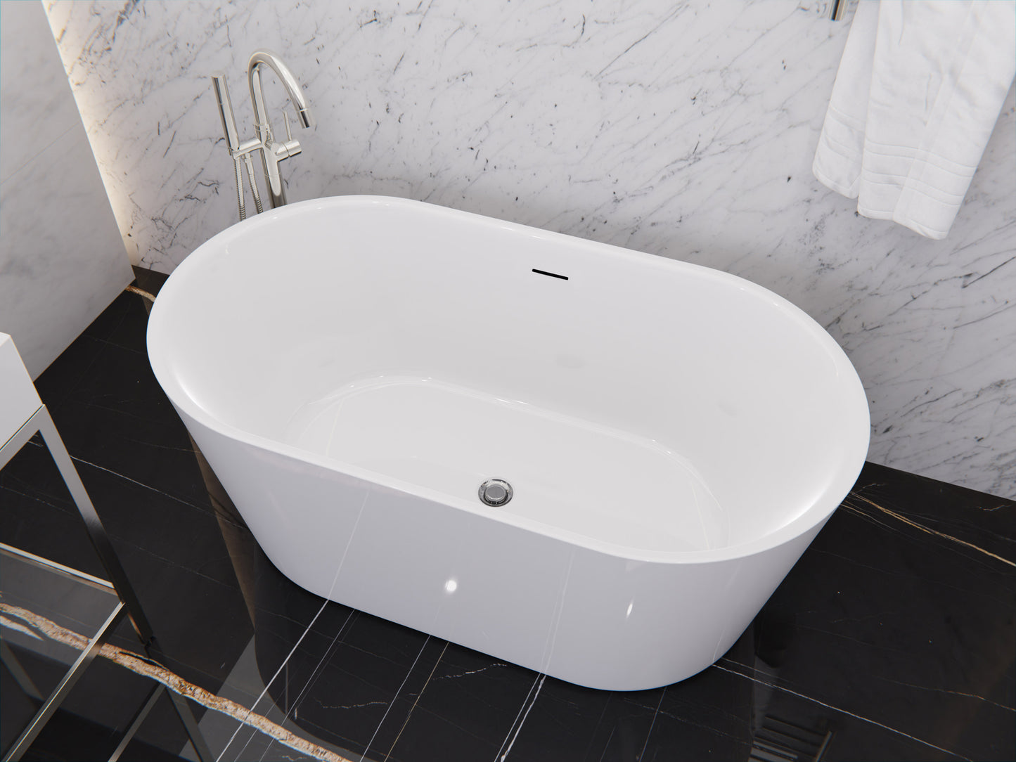 Chand Series 55 in. x 30 in. Flat Bottom Acrylic Freestanding Soaking Bathtub with Center Drain in Glossy White