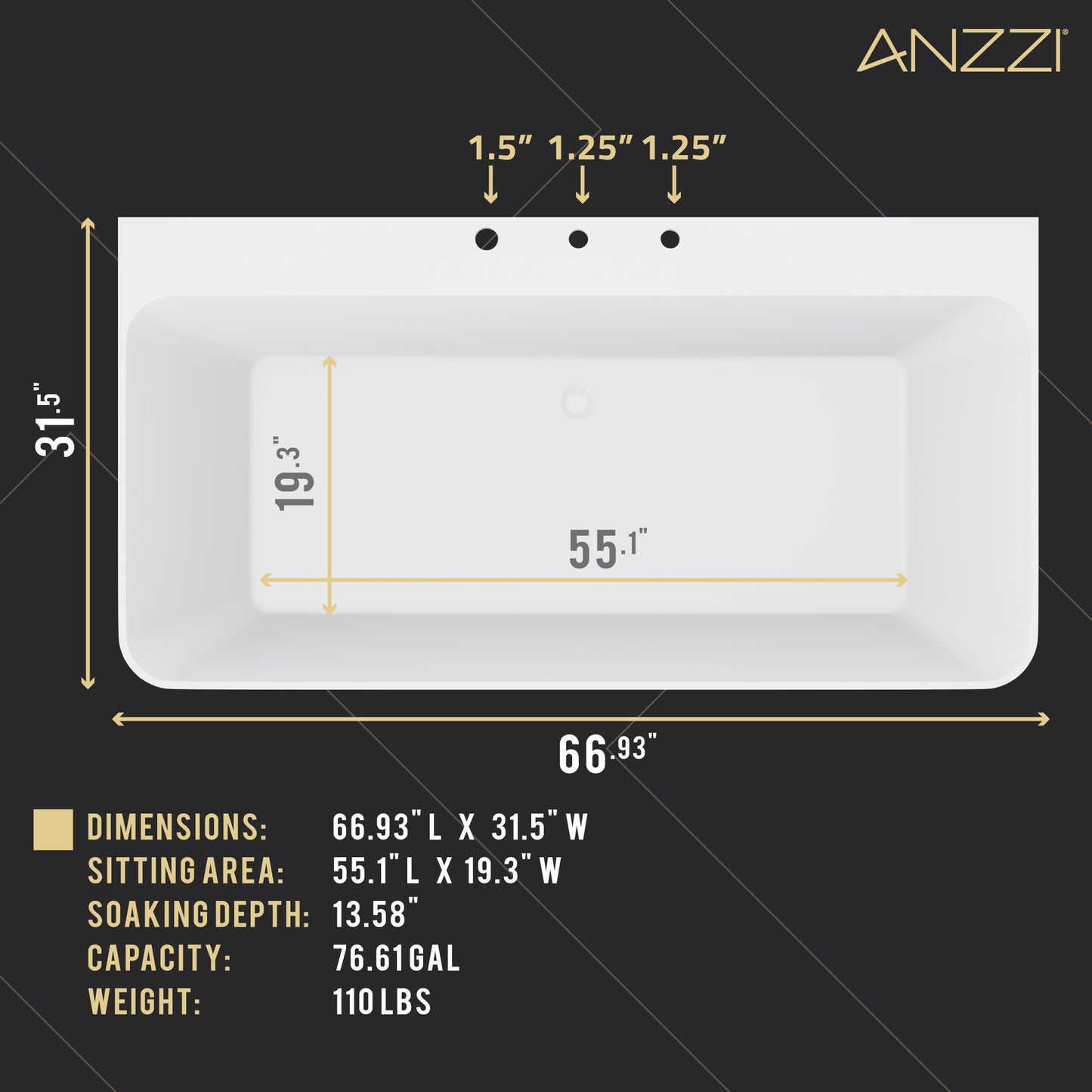 Vault Series 67 in. x 32 in. Flat Bottom Acrylic Freestanding 77 Gallon Soaking Bathtub with Center Drain in White