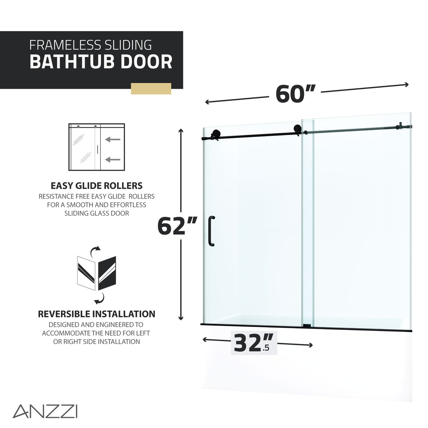 Raymore Series 60 in. x 62 in. Frameless Sliding Tub Door