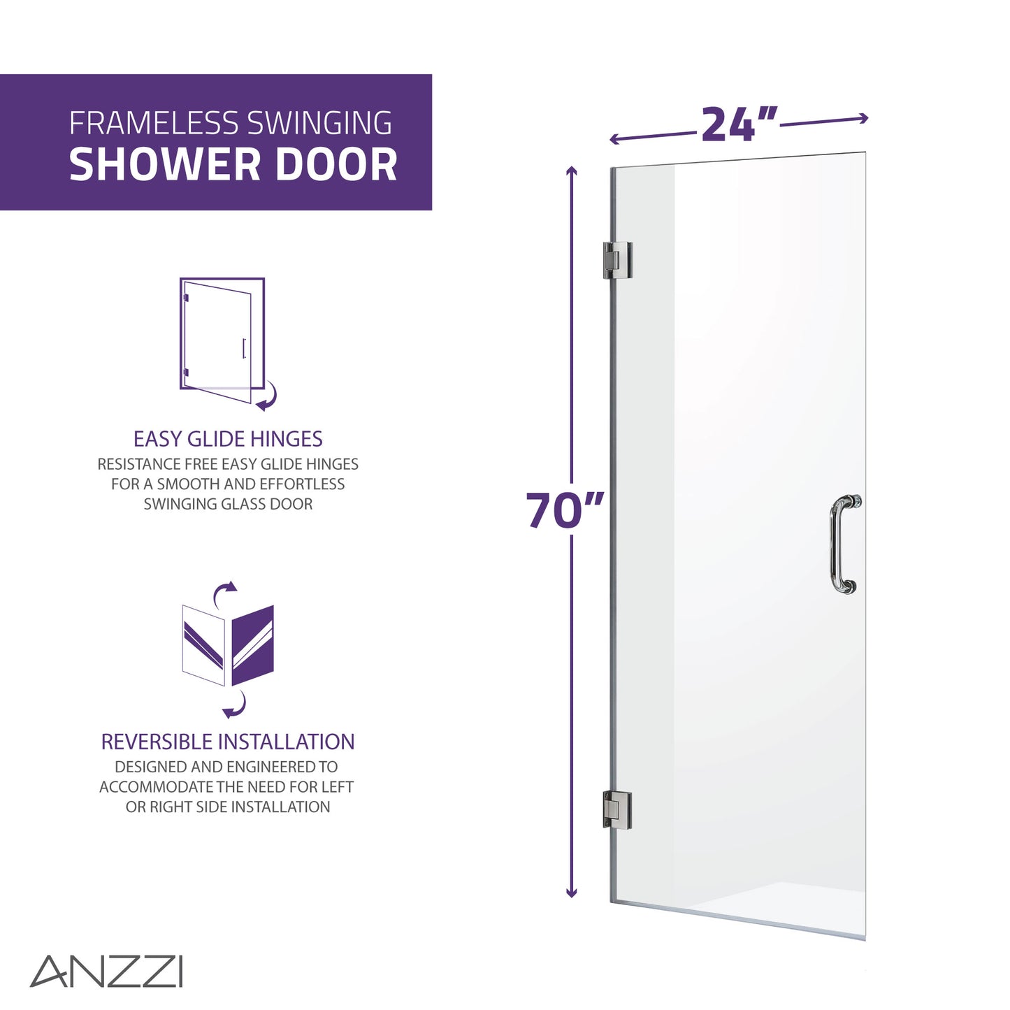 Passion Series 24 in. by 72 in. Frameless Hinged shower door with Handle