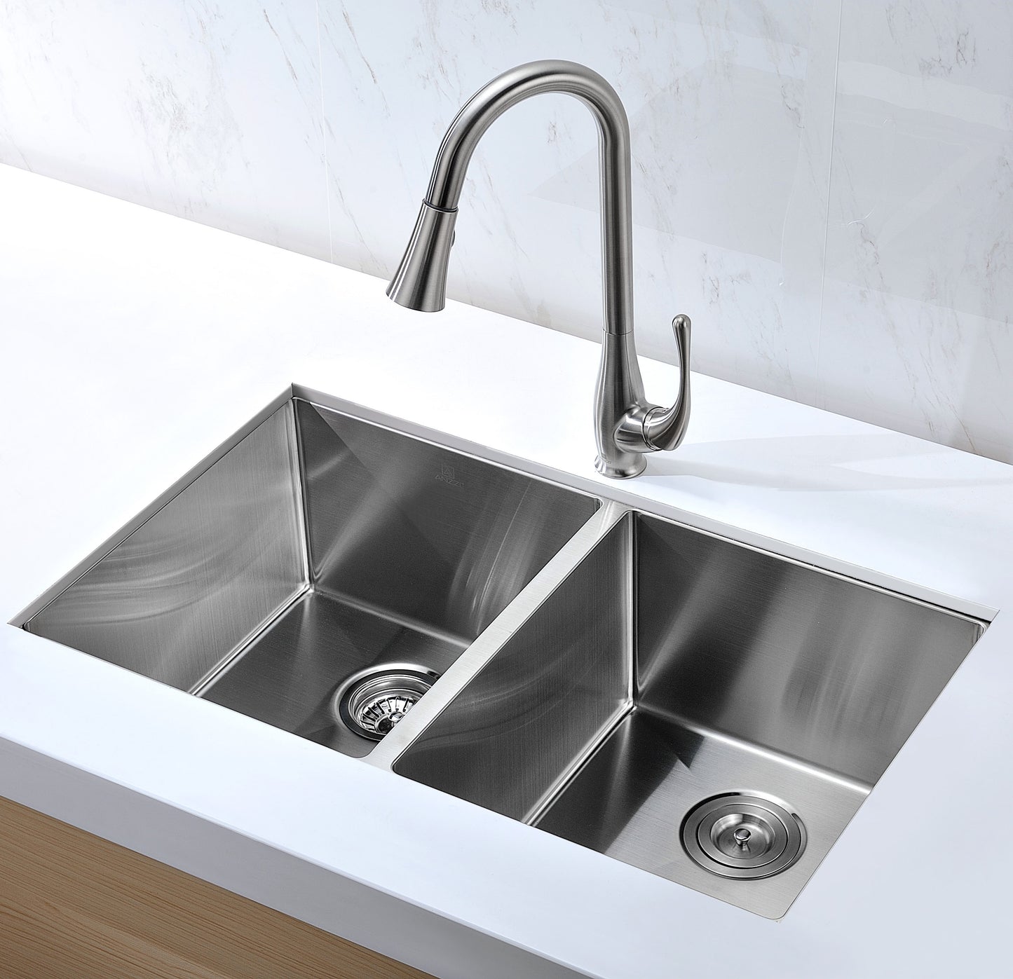 Vanguard Undermount Stainless Steel 32 in. 0-Hole 50/50 Double Bowl Kitchen Sink in Brushed Satin
