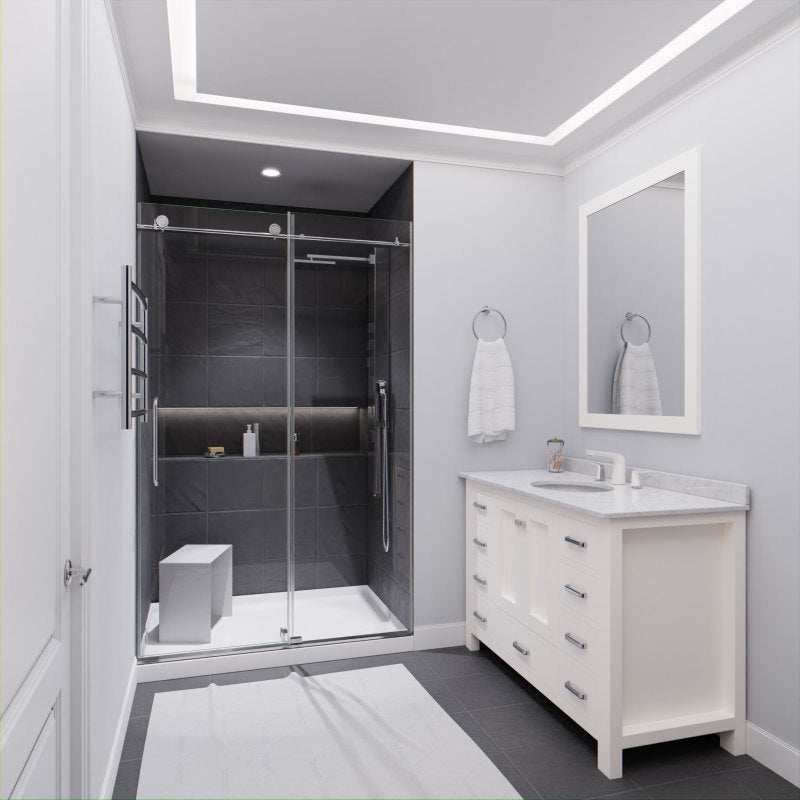 SD-AZ13-01CH - Madam Series 48 in. x 76 in. H Sliding Frameless Shower Door in Chrome with Tsunami Guard Tempered Glass and Handle