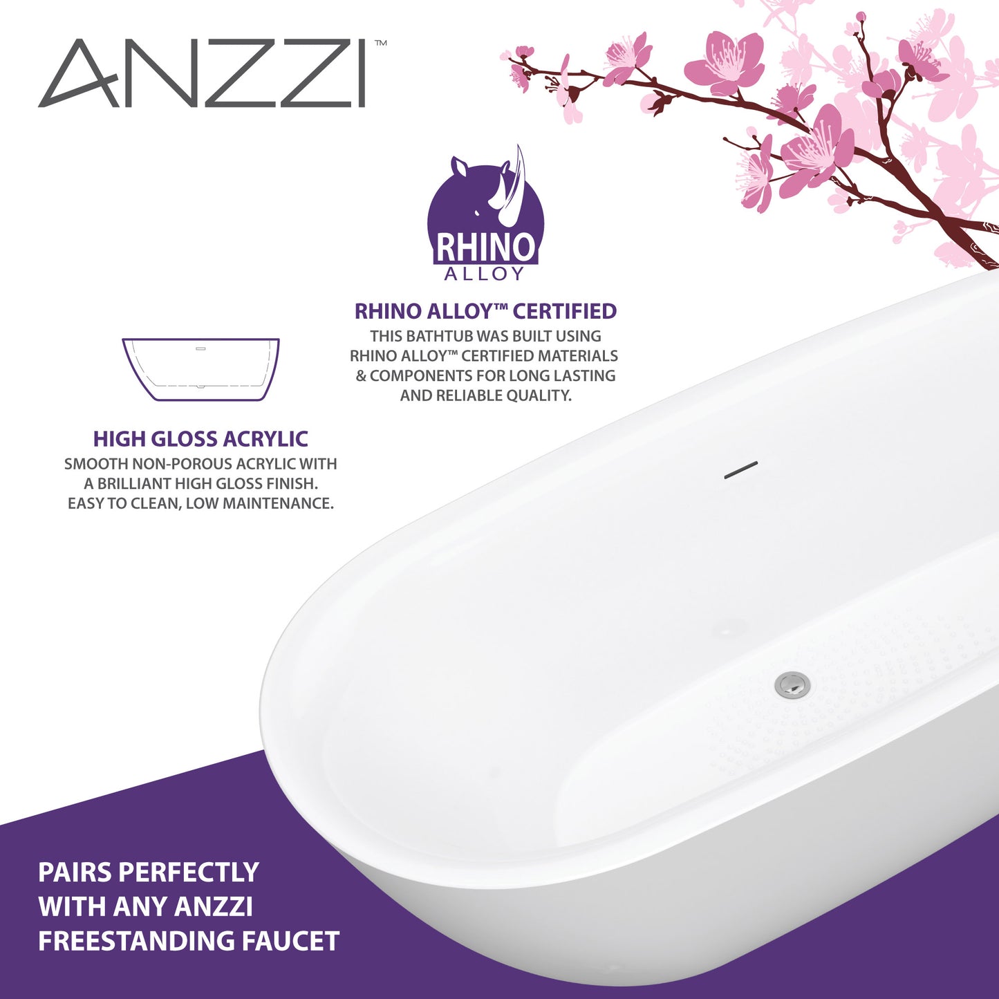 Britt Series 59 in. x 30 in. Flat Bottom Acrylic Freestanding Soaking Bathtub with Center Drain in Glossy White